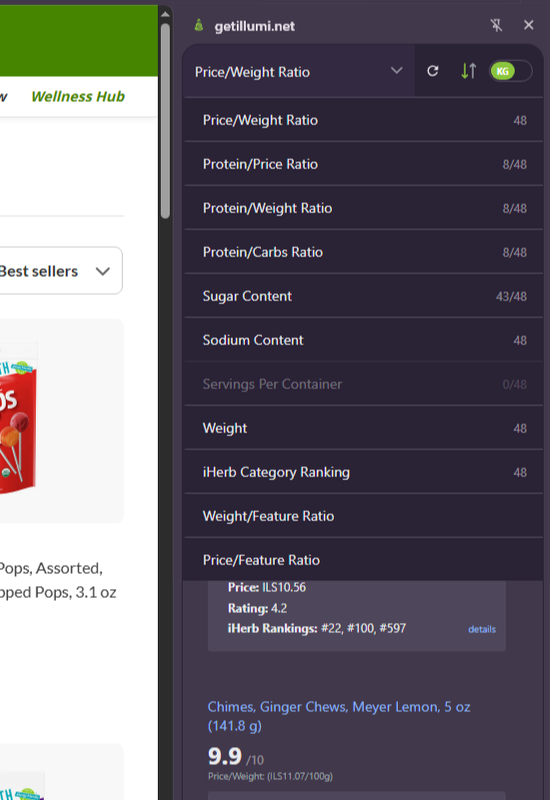 Dropdown showing all comparison categories with data counts